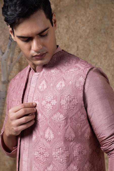 Darshika Menswear_Pink Viscose, Silk Embroidery Dusky Bundi And Kurta Set _Online_at_Aza_Fashions