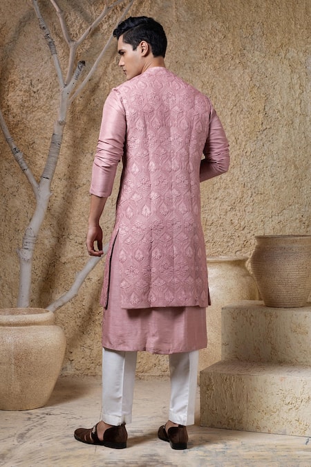 Darshika Menswear Dusky Pink Embroidered Bundi & Kurta Set 