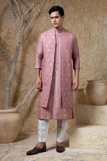 Darshika Menswear Dusky Pink Embroidered Bundi & Kurta Set 
