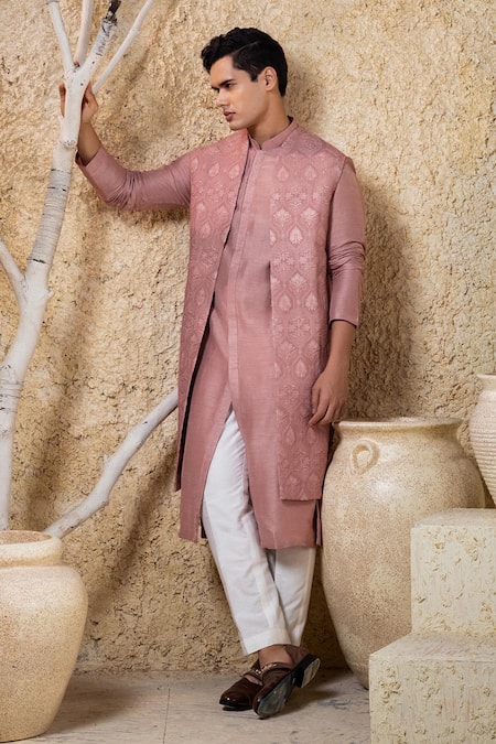 Buy_Darshika Menswear_Pink Viscose, Silk Embroidery Dusky Bundi And Kurta Set _Online_at_Aza_Fashions
