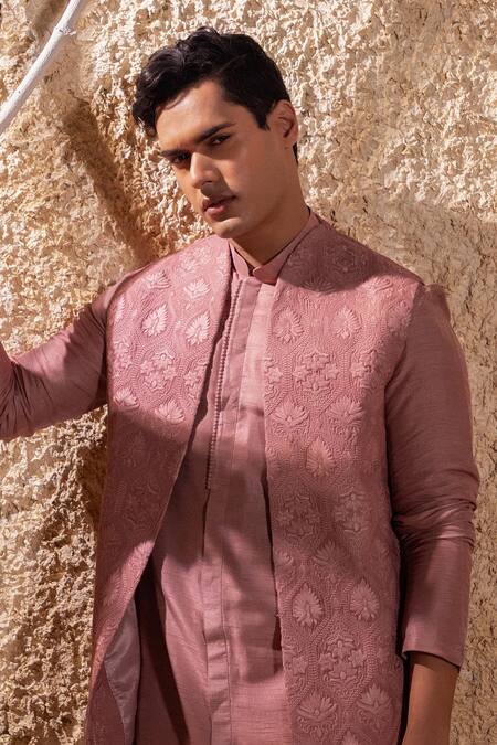Shop_Darshika Menswear_Pink Viscose, Silk Embroidery Dusky Bundi And Kurta Set _Online_at_Aza_Fashions