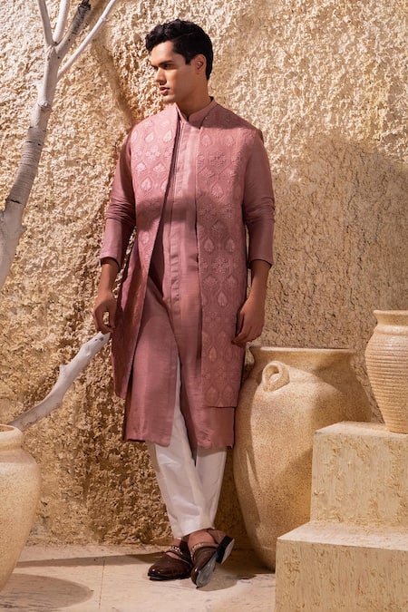 Darshika Menswear_Pink Viscose, Silk Embroidery Dusky Bundi And Kurta Set _at_Aza_Fashions