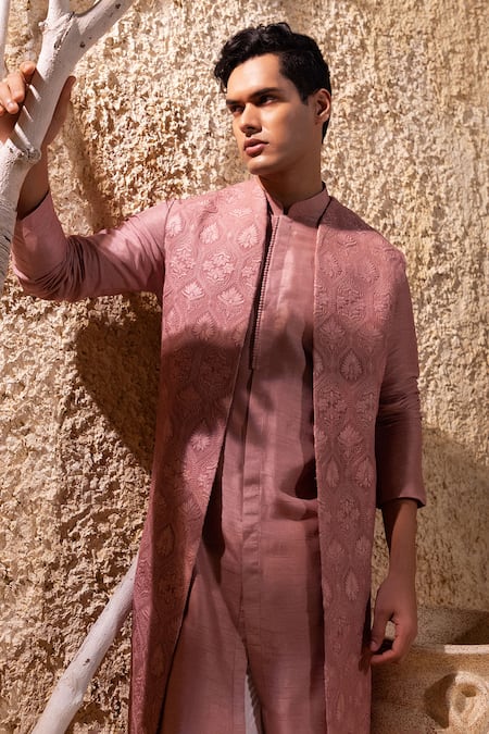 Buy_Darshika Menswear_Pink Viscose, Silk Embroidery Dusky Bundi And Kurta Set 