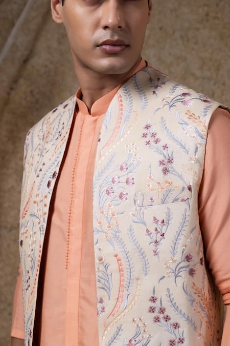 Darshika Menswear_Beige Silk, Cotton Embroidery Foliage Long Bundi And Kurta Set _Online_at_Aza_Fashions