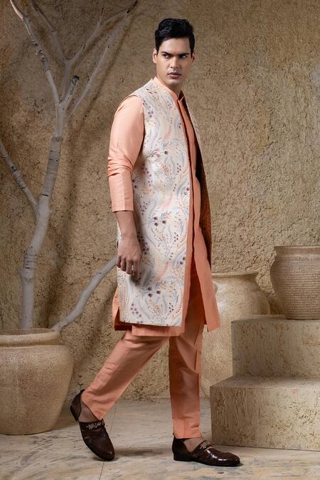 Buy_Darshika Menswear_Beige Silk, Cotton Embroidery Foliage Long Bundi And Kurta Set _Online_at_Aza_Fashions