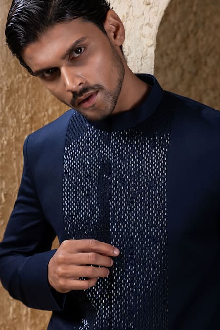 Darshika Menswear_Blue Suiting Sequins Embroidered Bandhgala Set _Online_at_Aza_Fashions