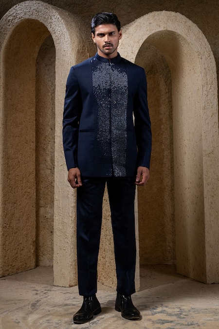 Darshika Menswear Blue Embroidered Bandhgala Set 