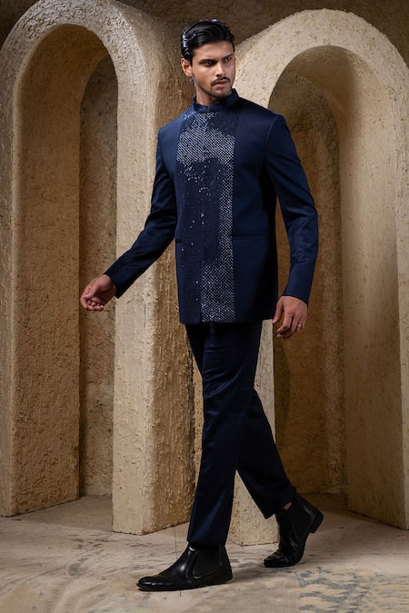 Darshika Menswear Blue Embroidered Bandhgala Set 