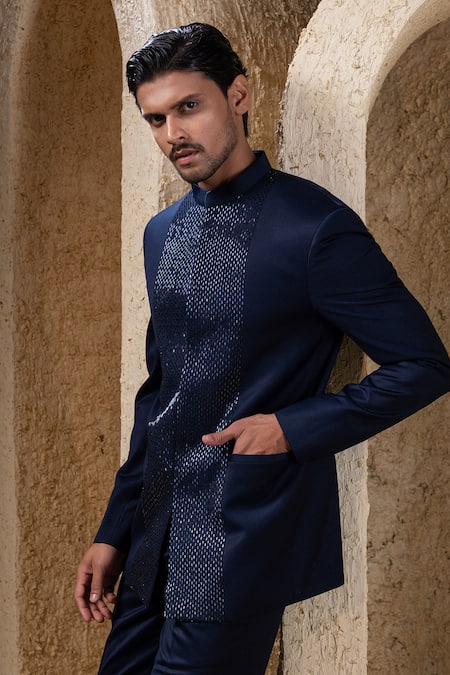 Buy_Darshika Menswear_Blue Suiting Sequins Embroidered Bandhgala Set _Online_at_Aza_Fashions