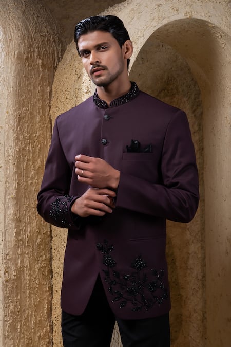 Buy Darshika Menswear Wine Suiting Beads, Embroidery And Black Bandhgala Set Online at Aza Fashions Buy_Darshika Menswear_Wine Suiting Beads, Embroidery And Black Bandhgala Set _Online_at_Aza_Fashions