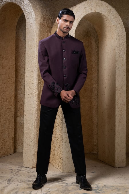 Darshika Menswear Wine & Black Bandhgala Set 