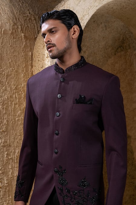 Shop Darshika Menswear Wine Suiting Beads, Embroidery And Black Bandhgala Set Online at Aza Fashions Shop_Darshika Menswear_Wine Suiting Beads, Embroidery And Black Bandhgala Set _Online_at_Aza_Fashions