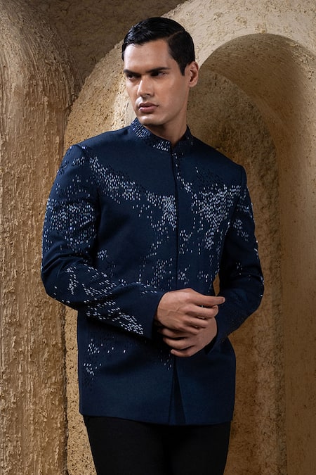 Buy_Darshika Menswear_Blue Suiting Sequins Embellished Bandhgala Set _Online_at_Aza_Fashions