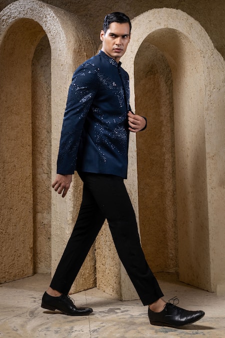 Darshika Menswear Blue Embellished Bandhgala Set 