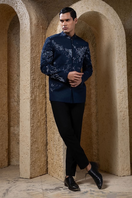 Darshika Menswear Blue Embellished Bandhgala Set 