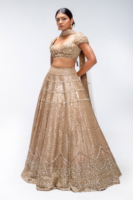 Mirroir_Gold Silk Organza, Net Sequins, Stones, Crest Embellished Scallop Lehenga Set _Online_at_Aza_Fashions
