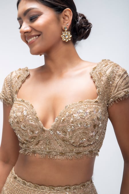 Buy_Mirroir_Gold Silk Organza, Net Sequins, Stones, Crest Embellished Scallop Lehenga Set _Online_at_Aza_Fashions