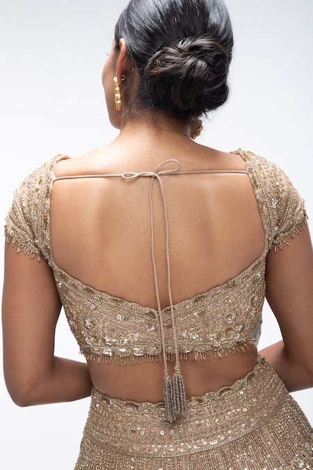 Shop_Mirroir_Gold Silk Organza, Net Sequins, Stones, Crest Embellished Scallop Lehenga Set _Online_at_Aza_Fashions