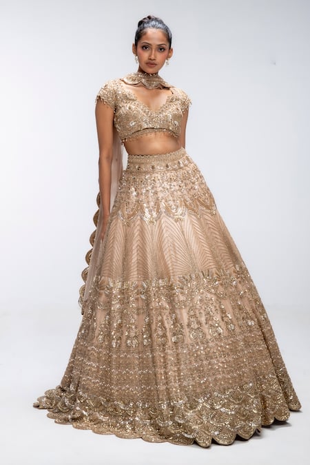 Mirroir_Gold Silk Organza, Net Sequins, Embroidery, Scallop Embellished Lehenga Set _Online_at_Aza_Fashions