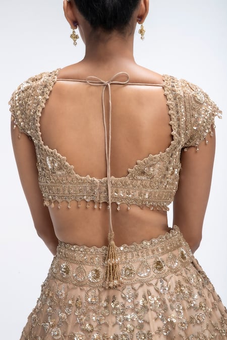 Buy_Mirroir_Gold Silk Organza, Net Sequins, Embroidery, Scallop Embellished Lehenga Set _Online_at_Aza_Fashions