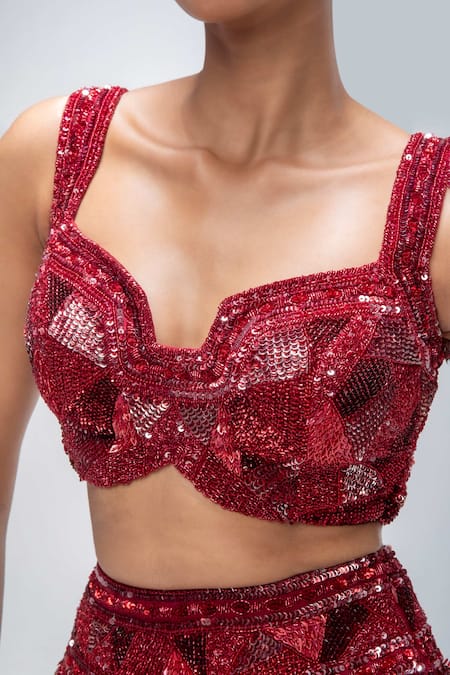 Mirroir_Red Silk Organza, Net Sequins, Beads, Tassels Sweetheart Embroidered Lehenga Set _Online_at_Aza_Fashions