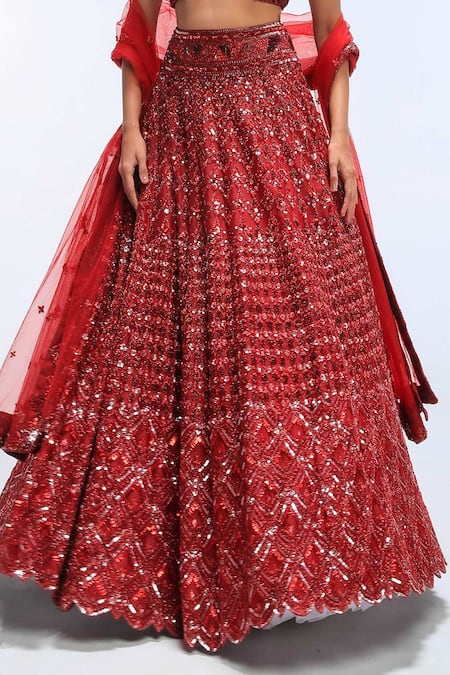Buy_Mirroir_Red Silk Organza, Net Sequins, Beads, Tassels Sweetheart Embroidered Lehenga Set _Online_at_Aza_Fashions