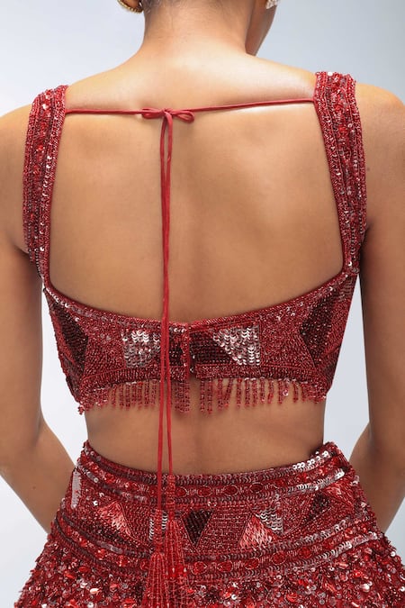 Shop_Mirroir_Red Silk Organza, Net Sequins, Beads, Tassels Sweetheart Embroidered Lehenga Set _Online_at_Aza_Fashions