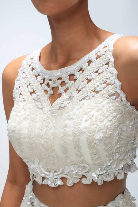 Buy_Mirroir_Ivory Silk Organza, Net Sequins, Embroidery, Diamond Stone Scallop Lehenga Set  _Online_at_Aza_Fashions