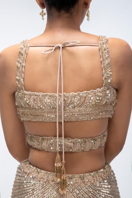 Mirroir_Gold Silk Organza, Georgette Sequins, Beads, Fish Cut Lehenga Blouse Set _Online_at_Aza_Fashions