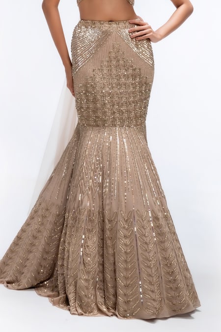 Buy_Mirroir_Gold Silk Organza, Georgette Sequins, Beads, Fish Cut Lehenga Blouse Set _Online_at_Aza_Fashions