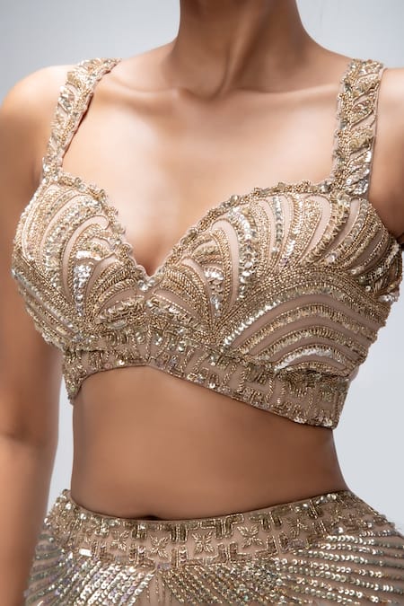 Shop_Mirroir_Gold Silk Organza, Georgette Sequins, Beads, Fish Cut Lehenga Blouse Set _Online_at_Aza_Fashions