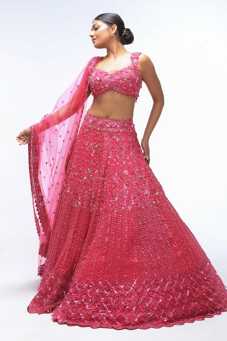 Mirroir Pink Silk Organza, Georgette Sequins, Beads, Embroidery Scallop Lehenga Set Online at Aza Fashions Mirroir_Pink Silk Organza, Georgette Sequins, Beads, Embroidery Scallop Lehenga Set _Online_at_Aza_Fashions