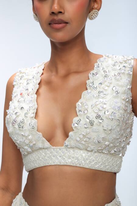 Shop_Mirroir_Ivory Silk Organza, Georgette Embroidery, Sequins, Beads Deep Lehenga Set _Online_at_Aza_Fashions