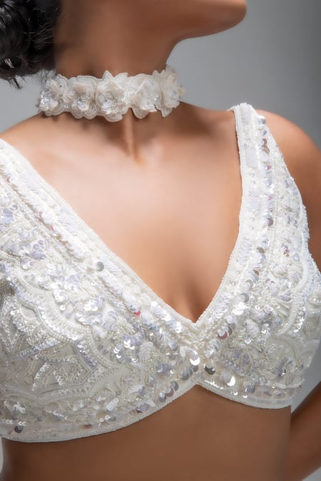 Buy_Mirroir_Ivory Silk Organza, Net Sequins, Embroidery, Tide-curve Fish-cut Lehenga Set _Online_at_Aza_Fashions