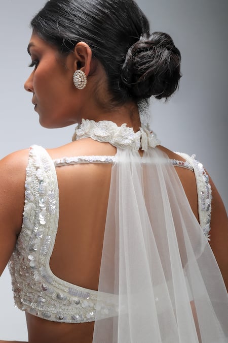 Shop_Mirroir_Ivory Silk Organza, Net Sequins, Embroidery, Tide-curve Fish-cut Lehenga Set _Online_at_Aza_Fashions