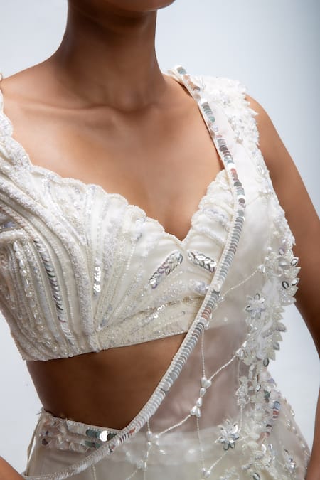 Mirroir_Ivory Georgette, Silk Organza Beads, Cascade Pre-draped Saree And Blouse Set _Online_at_Aza_Fashions
