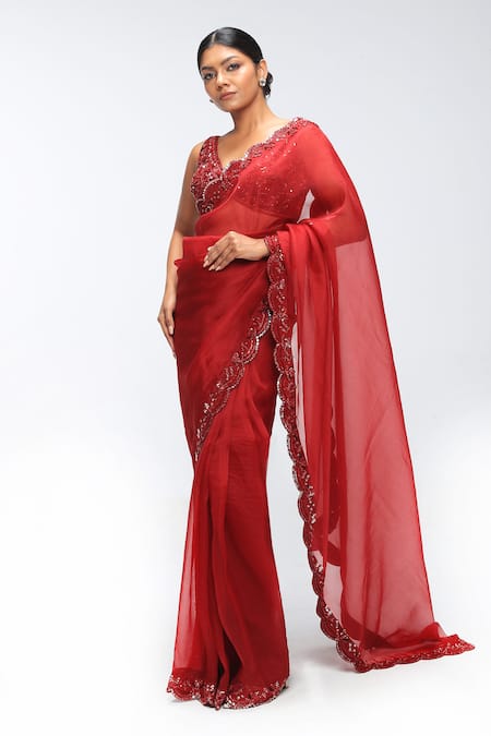 Mirroir Scallop Border Embroidered Saree With Blouse 