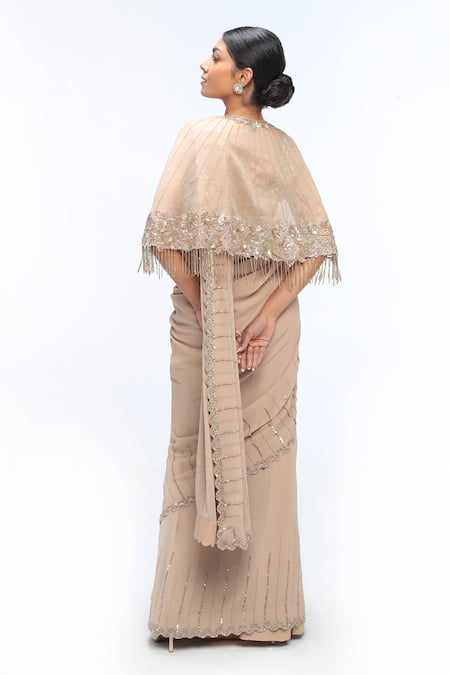 Mirroir_Gold Georgette, Silk Organza Sequins, Beads, Embroidery Scallop Saree And Cape Set _Online_at_Aza_Fashions