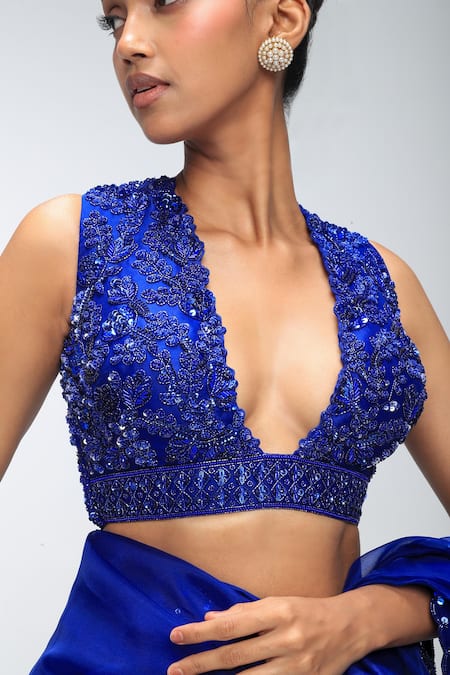 Buy_Mirroir_Sapphire Georgette, Silk Organza Sequins, Beads, Embroidery V-neck Saree Set _Online_at_Aza_Fashions