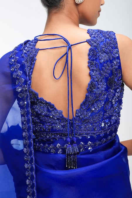 Shop_Mirroir_Sapphire Georgette, Silk Organza Sequins, Beads, Embroidery V-neck Saree Set _Online_at_Aza_Fashions