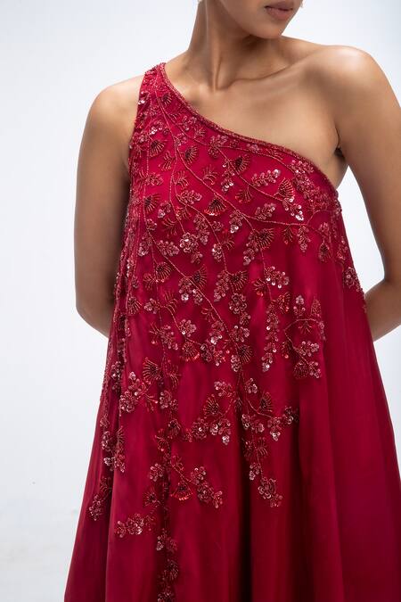 Mirroir_Red Viscose, Crepe Sequins, Beads, Embroidery One Shoulder Tunic And Sharara Set _Online_at_Aza_Fashions