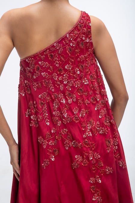 Buy_Mirroir_Red Viscose, Crepe Sequins, Beads, Embroidery One Shoulder Tunic And Sharara Set _Online_at_Aza_Fashions