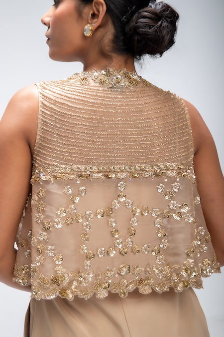 Mirroir_Gold Viscose, Crepe Sweetheart , Open Embellished Cape With Jumpsuit _Online_at_Aza_Fashions