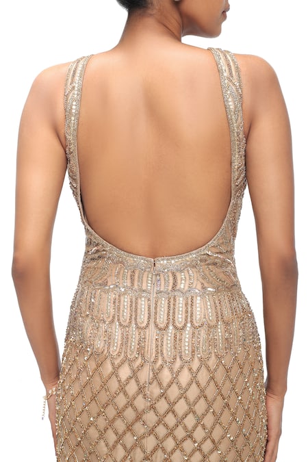 Mirroir_Gold Silk Organza, Georgette Beads, Sequins, Embroidery Embellished Mermaid Gown _Online_at_Aza_Fashions