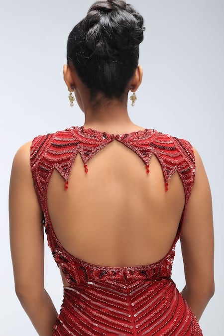 Mirroir_Red Georgette, Silk Beads, Sequins Sweetheart Reef Embellished Cocktail Gown _Online_at_Aza_Fashions