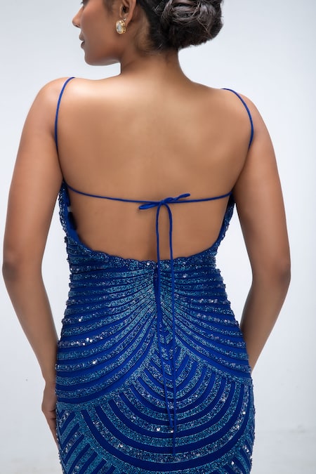 Mirroir_Blue Georgette, Silk Beads, Sequins V-neck Reef Embellished Cocktail Gown _Online_at_Aza_Fashions