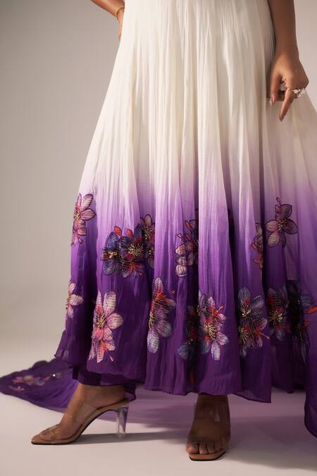 Jyoti Sachdev Iyer_Off White Chanderi Beads, Sequins, Ombre Floral Hand Anarkali With Trouser _Online_at_Aza_Fashions