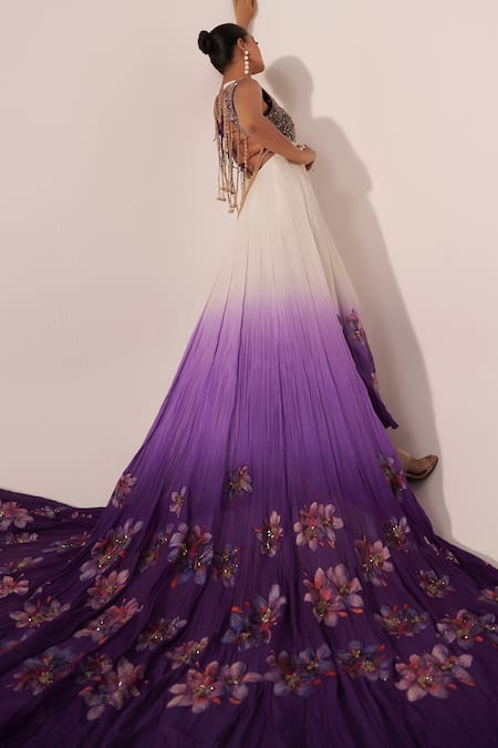 Buy_Jyoti Sachdev Iyer_Off White Chanderi Beads, Sequins, Ombre Floral Hand Anarkali With Trouser _Online_at_Aza_Fashions