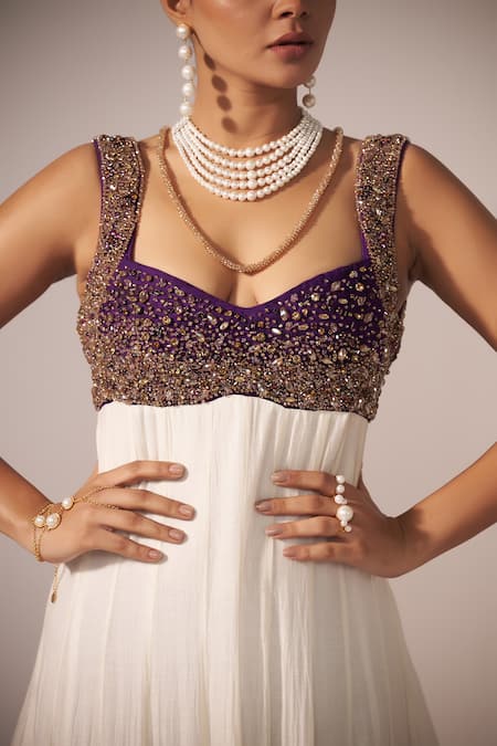 Shop_Jyoti Sachdev Iyer_Off White Chanderi Beads, Sequins, Ombre Floral Hand Anarkali With Trouser _Online_at_Aza_Fashions