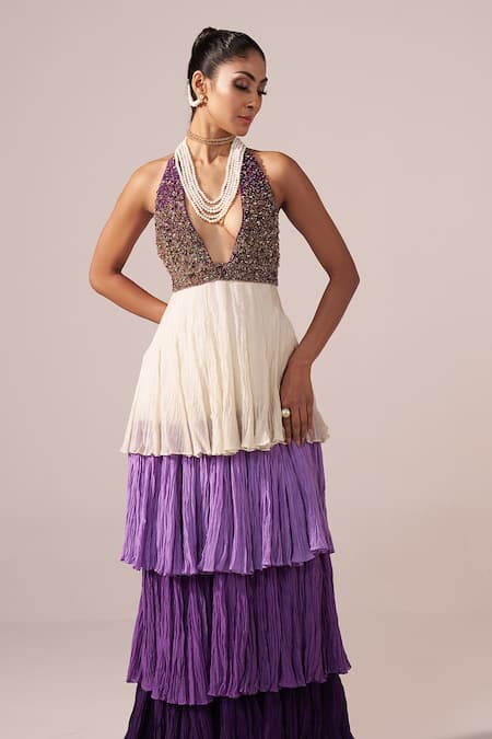 Jyoti Sachdev Iyer_Purple Chanderi Beads, Sequins, Embroidery Halter Neck Hand Tiered Maxi Dress _Online_at_Aza_Fashions